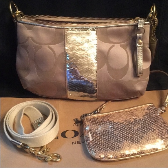Coach Handbags - HOLD Coach signature gold sequin + Stripe Wristlet